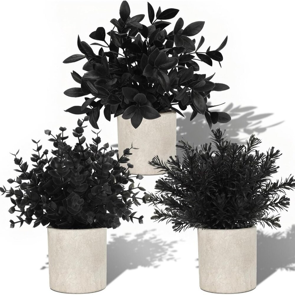 3 Pack Mini Potted Fake Plants Artificial Plastic Eucalyptus Plants Black